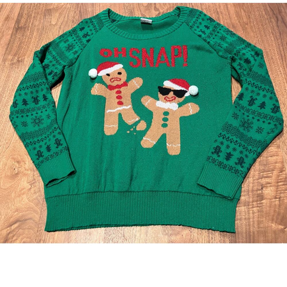 Ugly Christmas Sweater Women's XL Gingerbread "Oh Snap"‎ Well Worn Green Holiday
